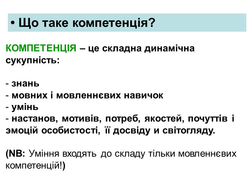 КОМПЕТЕНЦІЯ – це складна динамічна сукупність:   знань   мовних і мовленнєвих